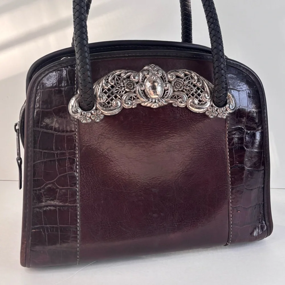 Vintage Brighton Brown Leather Silver Filigree Braided‎ Handle Handbag A162006